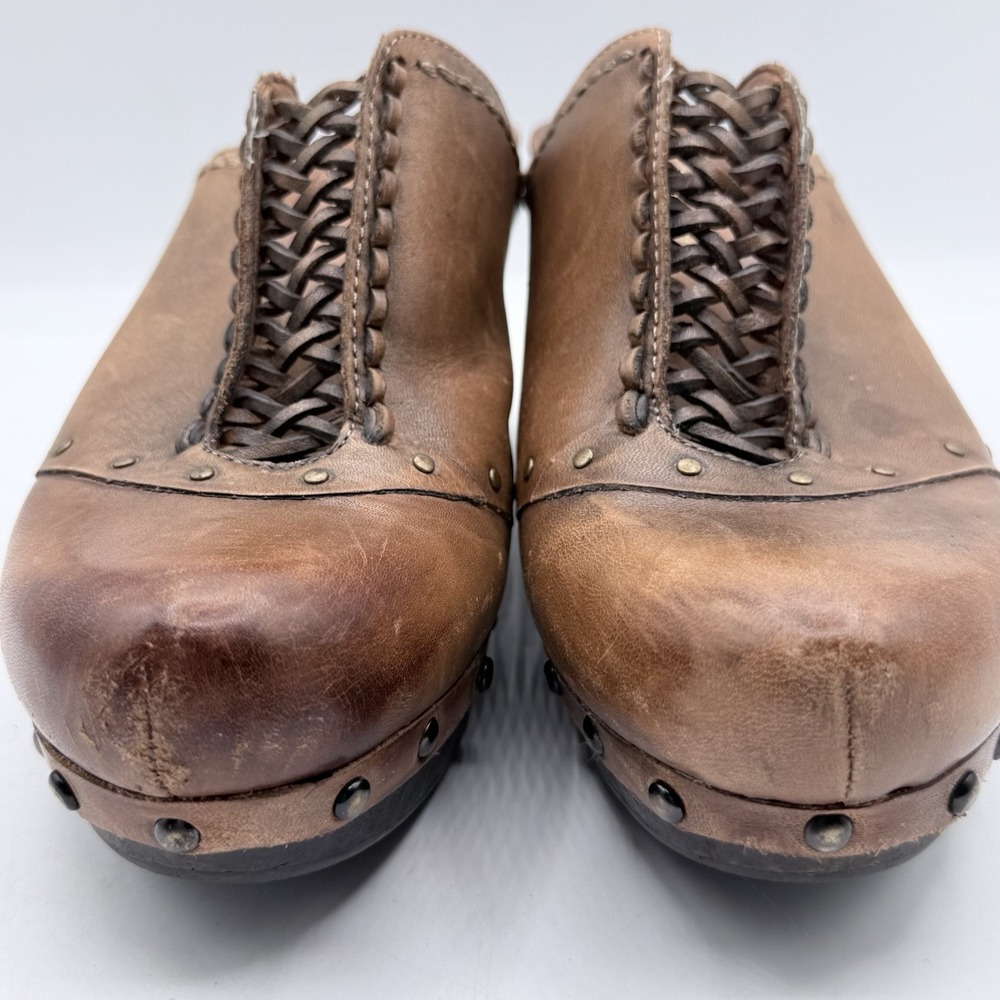 Earthies Freiburg Platform Clogs Almond Brown Leather Lace Up Mules Shoes 6.5 B